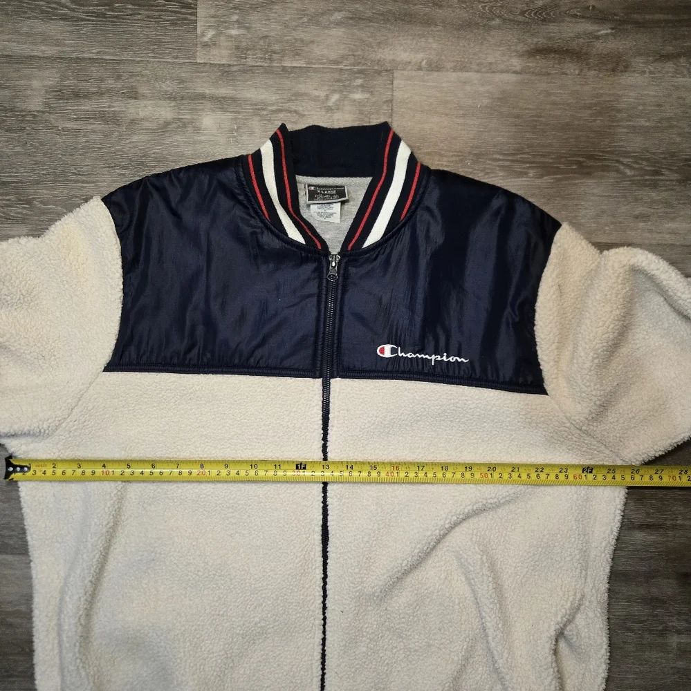 Champion Fleece Sherpa Bomber Embroidered Jacket White And Navy Size xl